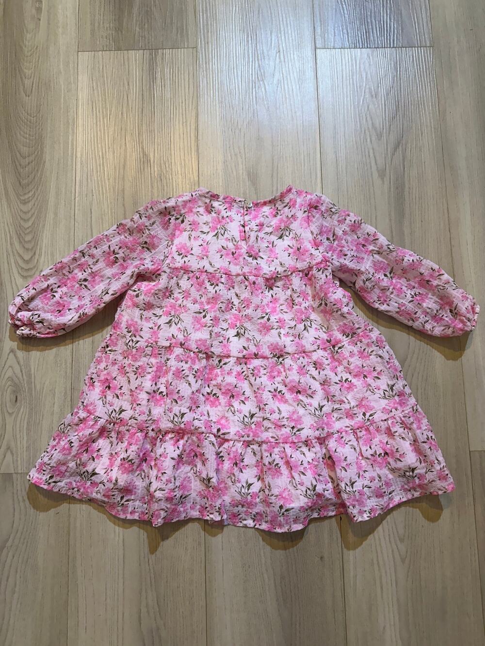 Biween Baby Girls Floral Tiered Dress Size 24M Pink Chiffon Long Sleeve Ruffle